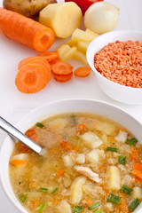 lentil chicken soup with ingredients