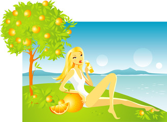 Obraz na płótnie Canvas beautiful woman under orange tree