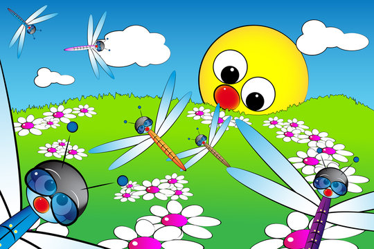 Landscape with sun and dragonflies - Kid illustration © Marta P. (Milacroft)