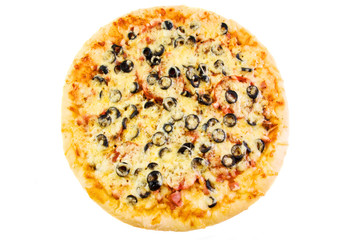 Pizza with olives, sausage and bacon