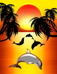 Tuinposter Dolfijnen en palmen-dolfijnen-dauphins © BluedarkArt