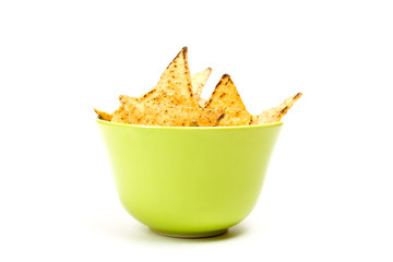 Tortilla chips in green bowl.