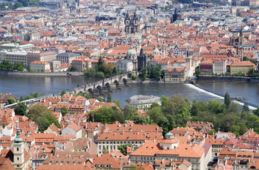 Naklejka na ściany i meble Prague - Charles bridge and town from outlook tower
