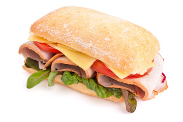 Ciabatta bread sandwich stuffed meat,cheese and vegetables