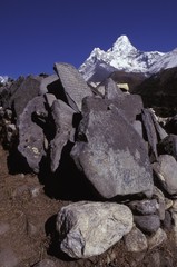 Pile of boulders and rocks in front of mountain