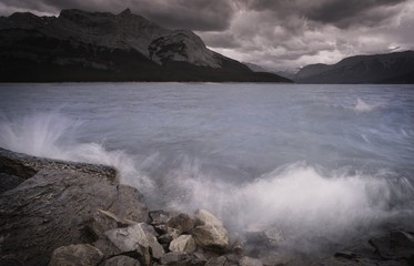 Threatening skies and rock shoreline