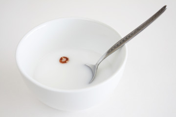 An bowl of milk with one peace of cereal floating in the milk.