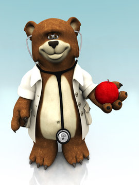 Cartoon bear dressed as doctor, holding an apple.