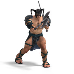 Obraz premium Muscular Barbarian Fight with Sword and Axe