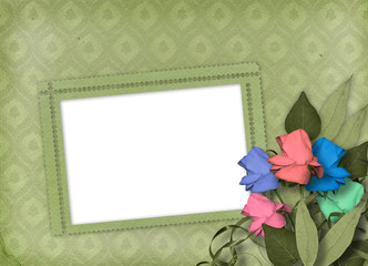 Green ornamental background with frame and floral beautiful bouq