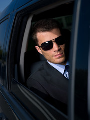 Portrait of business man in car