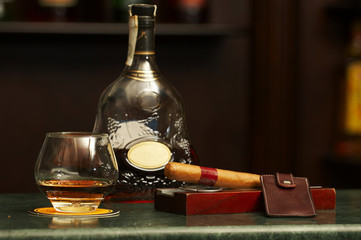 classic cognac bottle, cigar