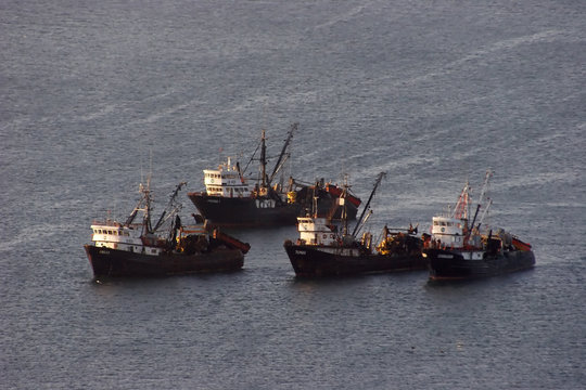 Group of trawlers in the ocean