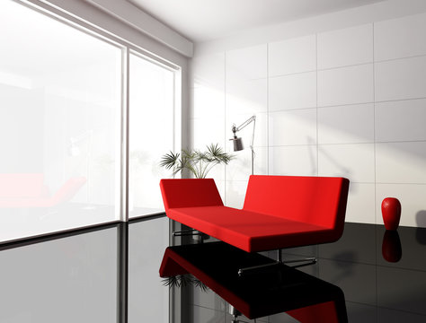 minimal red and white living room -rendering