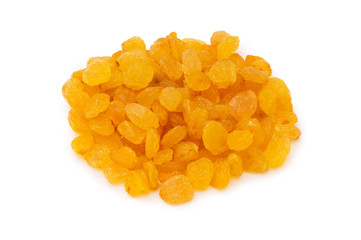 Yellow raisins isolated on the white background
