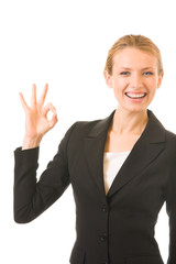 Portrait of young happy gesturing businesswoman, isolated