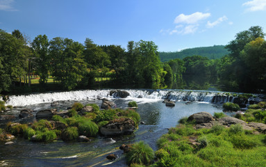 Fototapeta na wymiar mały wodospad wzdłuż rzeki w lesie