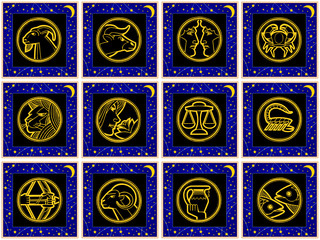 blaue dekorative quadrate mit tierkreiszeichen