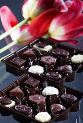 chocolate dessert and flowers