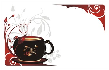 Cup with coffee and sprigs. Floral background for card. Vector