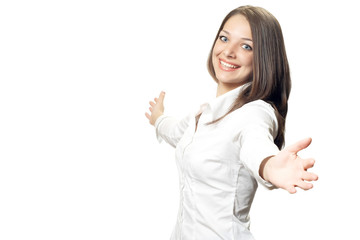 Office woman in white shirt extend hands