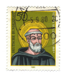 Old canceled german stamp with Benedict of Nursia