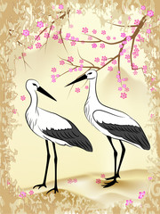 Naklejka premium Chinese style painting. Spring landscape with sakura and two storks in love. Valentine's Day.