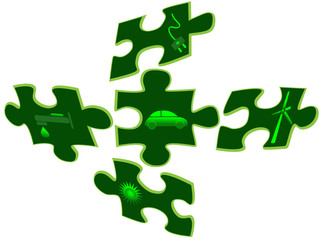 Green car and altenative energy icons on puzzle pieces
