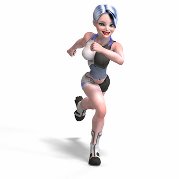 female scifi heroine running. With Clipping Path over white