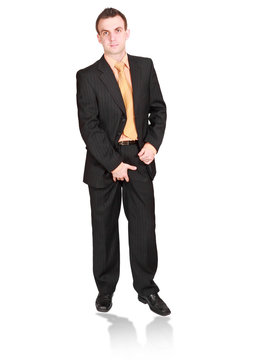 Cheerful businessman stand in sexy position. Isolated