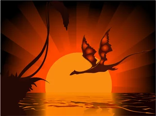 Abwaschbare Fototapete Drachen Drache bei Sonnenuntergang