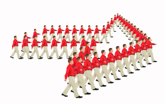 Marching Businessmen In Red Shirts Arrow Pointer Collage.