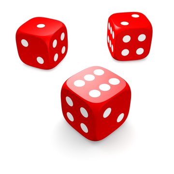 Three red dices isolated on white. 3d rendered illustration.