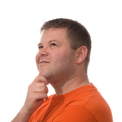 Obraz premium Man Looks Up Isolated on White