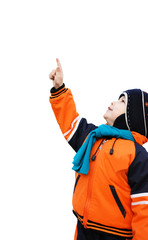 The boy shows a finger on something