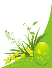 Grass, twigs and decorative egg. Background for card. Vector