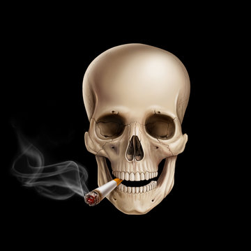 Human skull smoking on black background