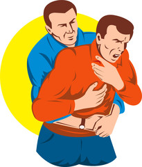 Adult performing Heimlich maneuver on another adult