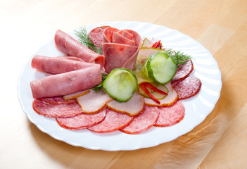 sliced food arrangement .meat and sausage