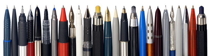 various fountain pens, ball pens and pencils