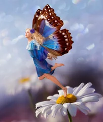 Papier Peint photo Fées et elfes Elfe femelle voler avec fleur de camomille