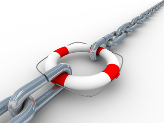 Chain fastened by lifebuoy. Isolated 3D image.