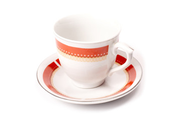 Empty red-white cup, isolated over white board