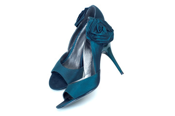 Composition with woman dark blue shoes with rose isolated