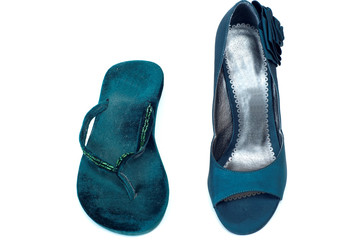 Composition with woman dark blue shoes with rose isolated