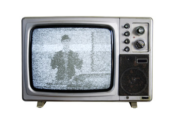 An old TV with the noise on white background