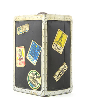 Old children's travel trunk toy bank