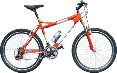 orange mountain bike on white background