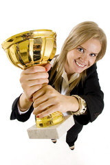 wide angle picture of an attractive businesswoman winning