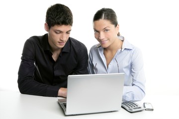 Young couple teamwork cooperation with laptop